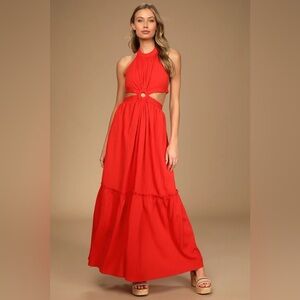 Lulu’s Island Vacay Red Tie-Back Maxi Dress